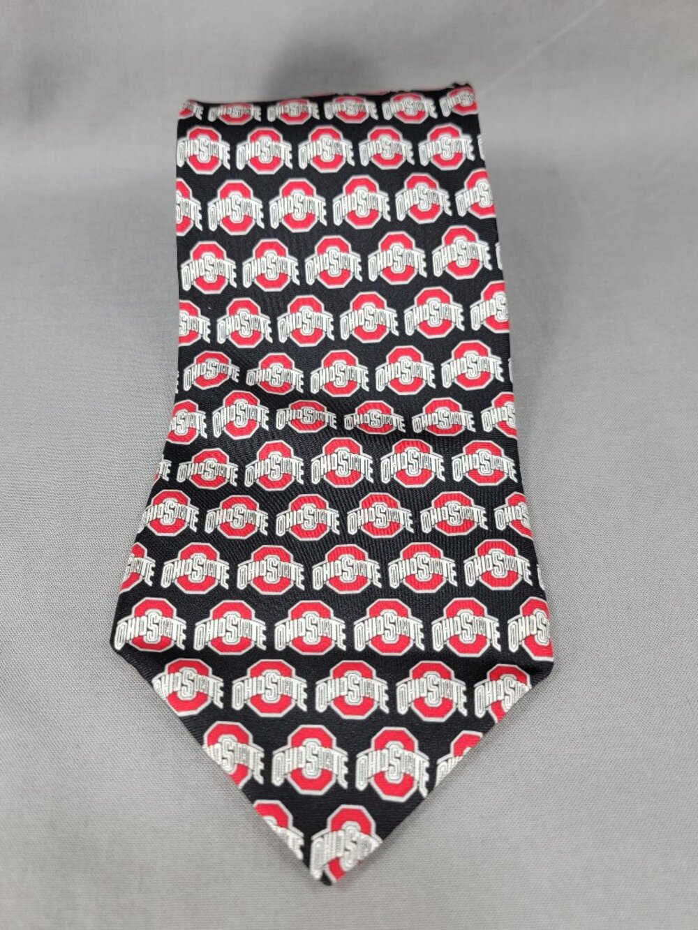 Vtg Ohio State Buckeyes Necktie Tie Mens Black Red Silk Logo Repeat USA